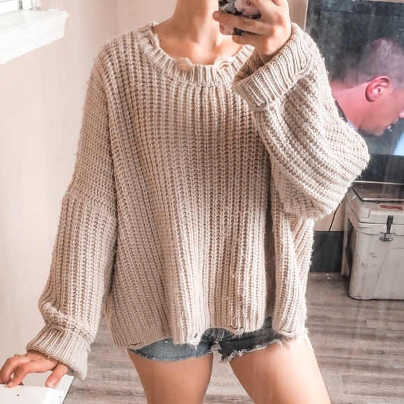 POL Sweaters - POL distressed beige knit chunky sweater